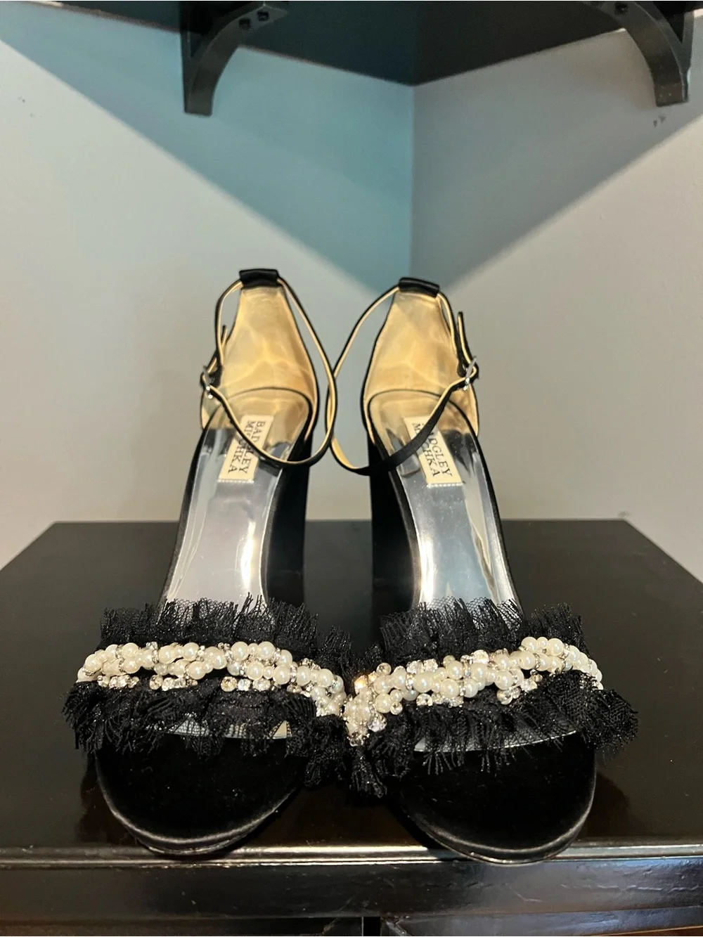 Badgley Mischka Fleur Pearl-Trim Fringe Sandals